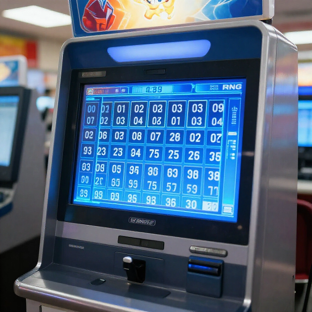 modern taiwanese lottery terminal machine in betting shop screen displaying random five numbers from 01 to 39 glowing blue interface rng animation soft ambient lighting busy counter atmosphere