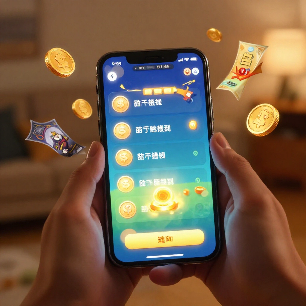 玩家手持手機在溫馨房間操作遊戲，螢幕閃爍任務獎勵、金幣與廣告，氛圍溫暖舒適