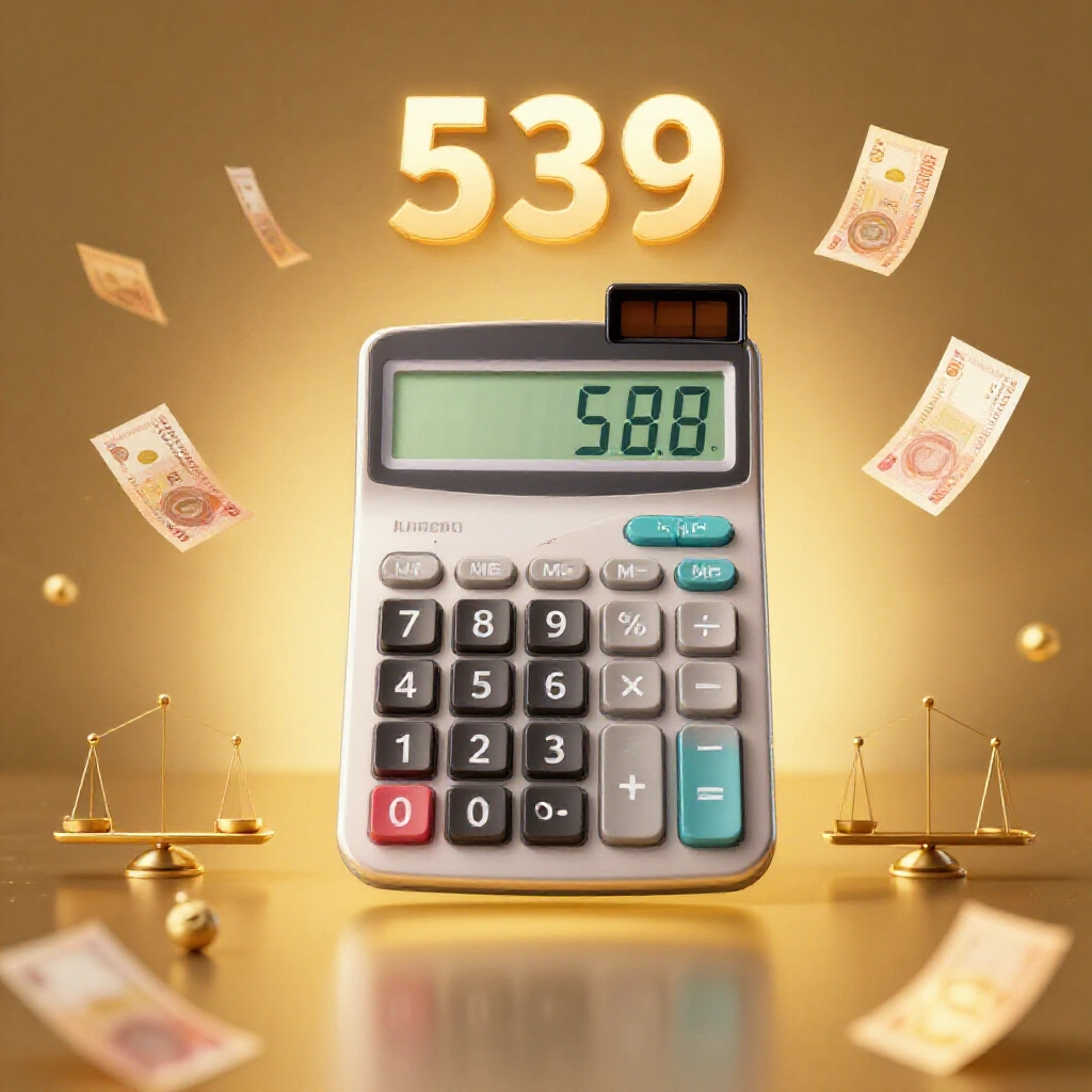 Dynamic scene of a calculator showing bet amount times multiplier yielding prize money with floating 539 taihao icons and balanced risk scales in warm golden tones
