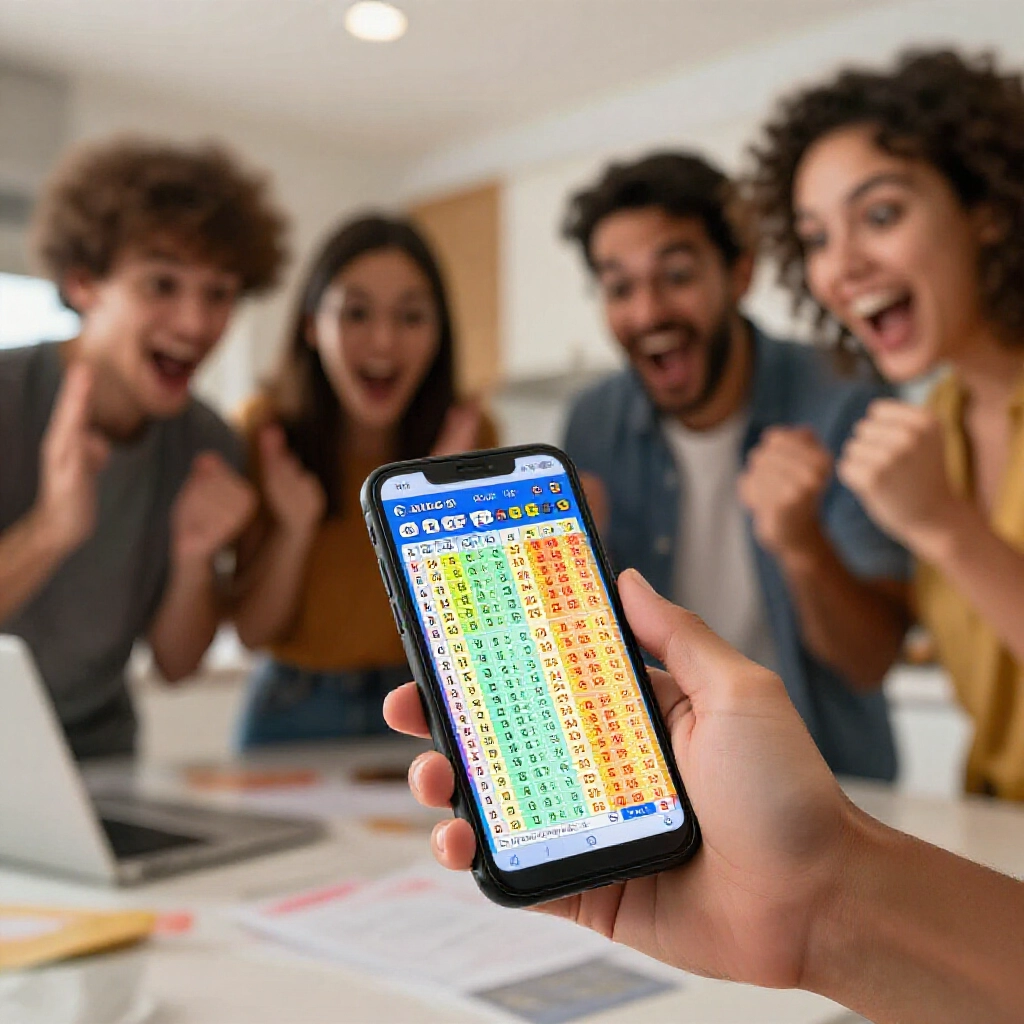 excited group checking lotto results on phone showing prize table vibrant colors modern kitchen setting dynamic atmosphere