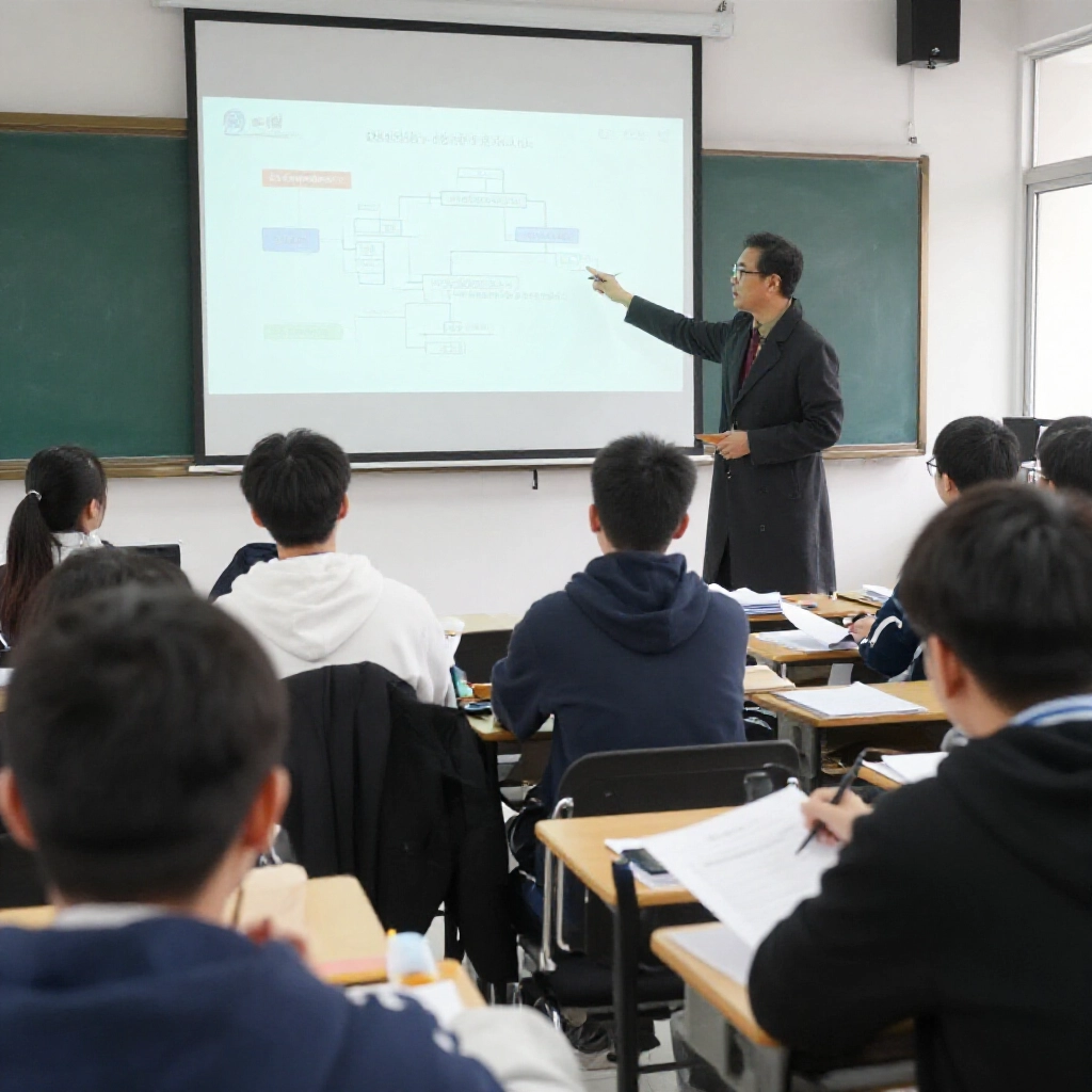 年輕學員在運彩分析師訓練課堂上專心聽講,老師指著考試流程圖,大家記筆記,陽光灑進興奮氛圍