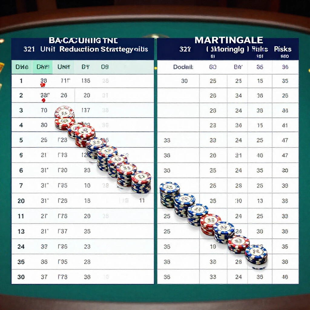 baccarat betting progression table comparing 321 unit reduction strategy versus martingale doubling risks on green felt table with chips stacked in sequences