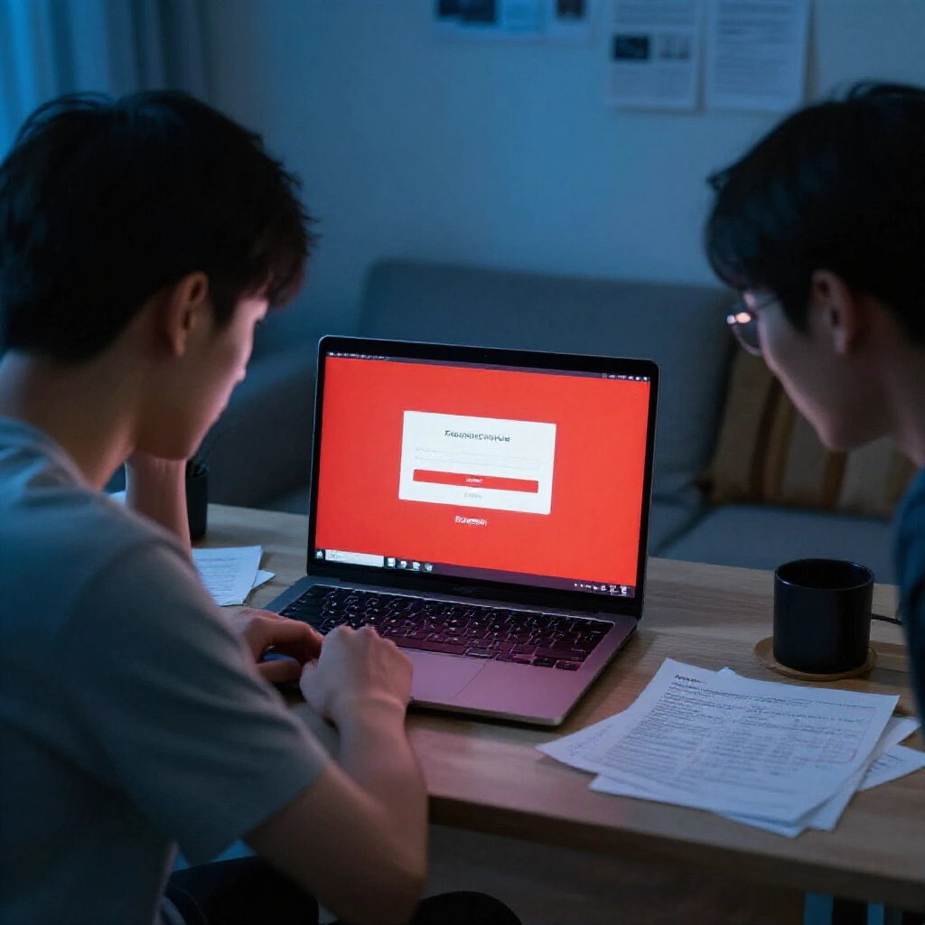 台灣玩家在家辦公室面對筆電上的紅色登入頻繁警告,桌上散落投注筆記,氛圍緊張