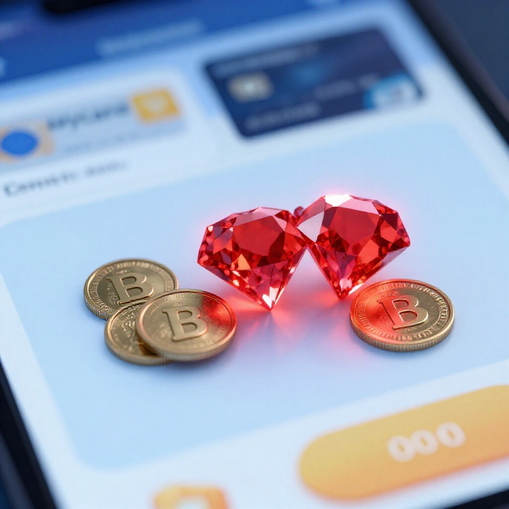 closeup of game currency icons with premium red diamonds glowing brightly next to secondary g coins on official recharge page featuring mycard and credit card options soft blue lighting