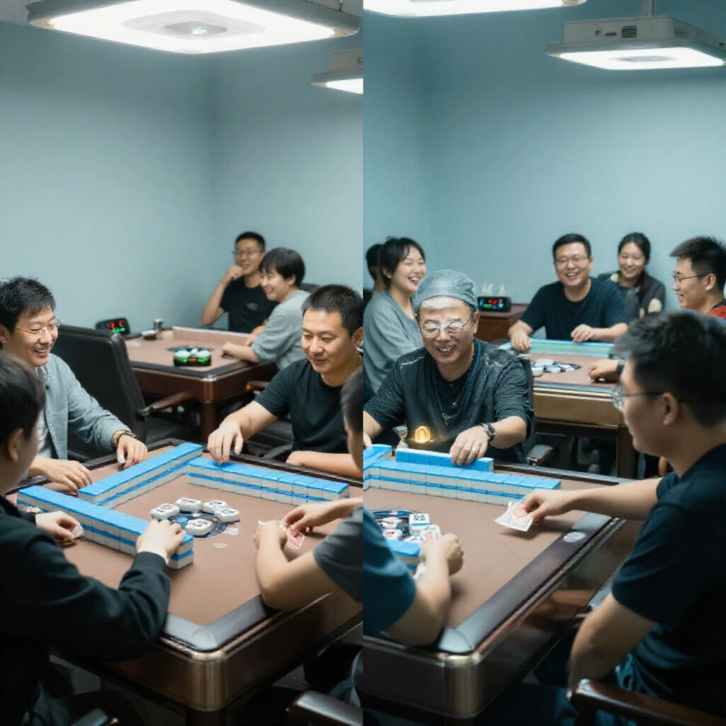 傳統麻將室現金結算與現代包廂計時畫面對比，玩家邊喝茶邊笑鬧