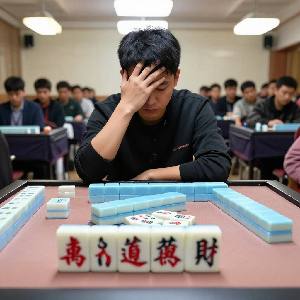 比賽麻將選手四張相同牌想暗槓，裁判搖頭否決，舞台燈光亮眼，牌牆細膩，選手嚴肅，後有觀眾