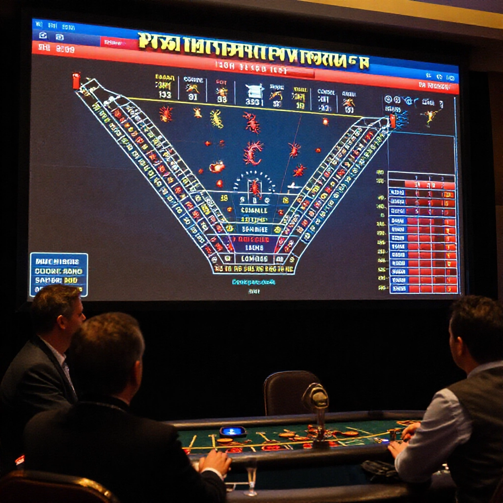 casino monitor showing baccarat roadmaps big road small road cockroach road with long banker dragon patterns and players calmly analyzing trends in dim ambient glow