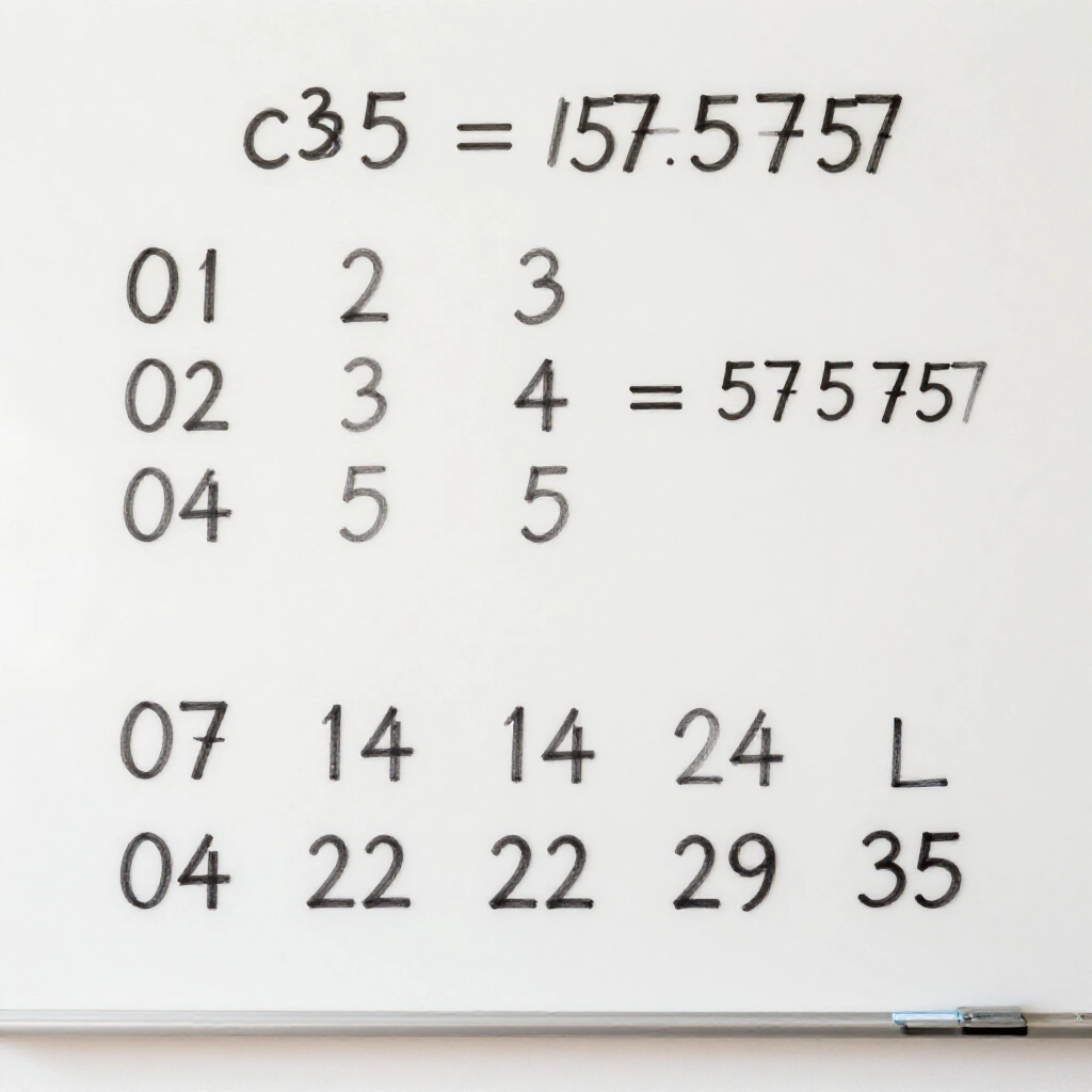 mathematical diagram showing combinations c39 5 equals 575757 two example sets sequential numbers 01 02 03 04 05 versus random 07 14 22 29 35 equal probability visualization clean whiteboard style neutral background