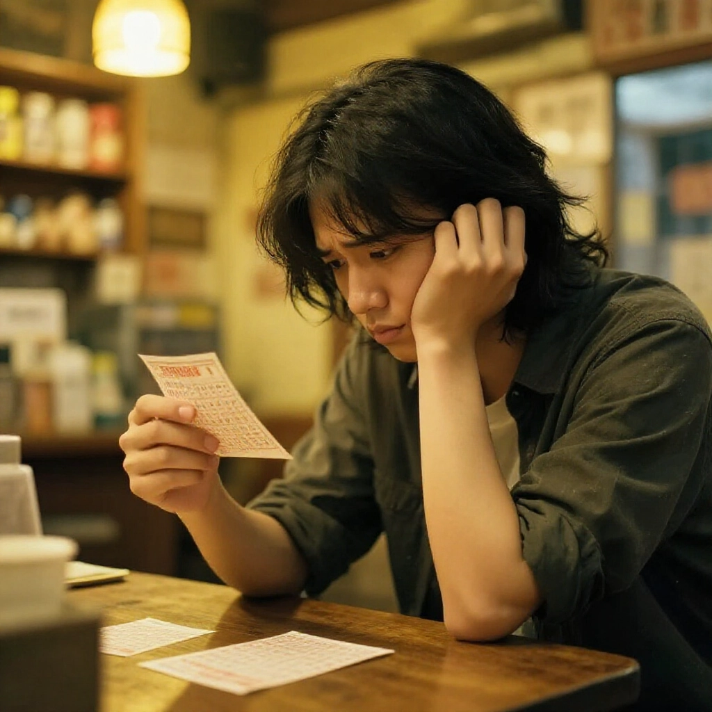disappointed lottery player in cozy taiwanese shop holding ticket with single matching number under warm yellow light realistic style soft shadows