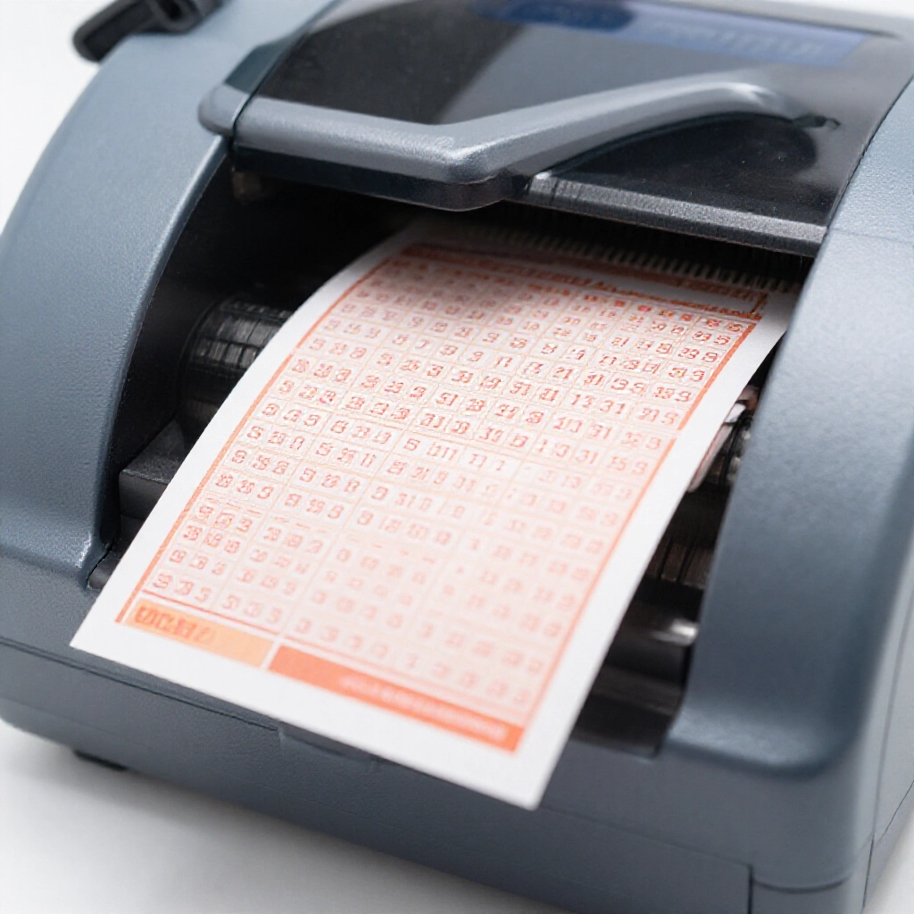 closeup of lottery ticket printer outputting computer generated 539 numbers independent random selection process no historical data influence sealed secure terminal device professional engineering design