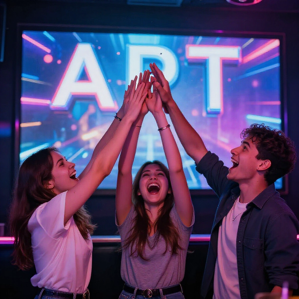 三位年輕人在霓虹 KTV 舞台前興奮疊手成塔,大喊 APT 數字,節奏音樂脈動,動感夜生活氛圍