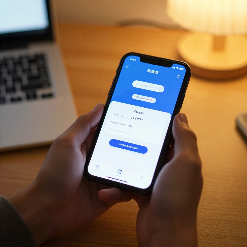 有人握手機開銀行 App,顯示運彩虛擬帳號轉帳畫面,溫暖燈光聚焦螢幕