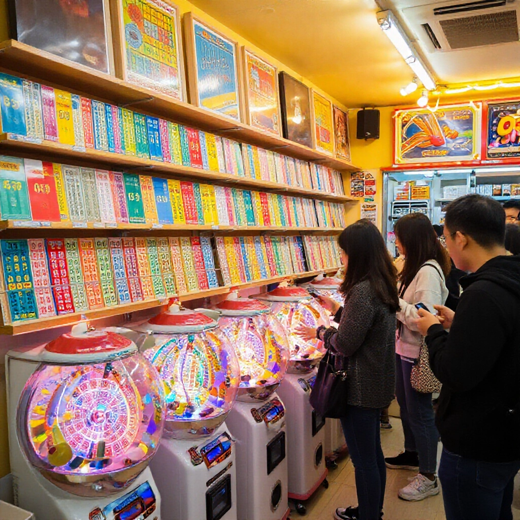 熱鬧的台灣彩券行內部,玩家興奮挑選539號碼,轉球機在霓虹燈下閃耀