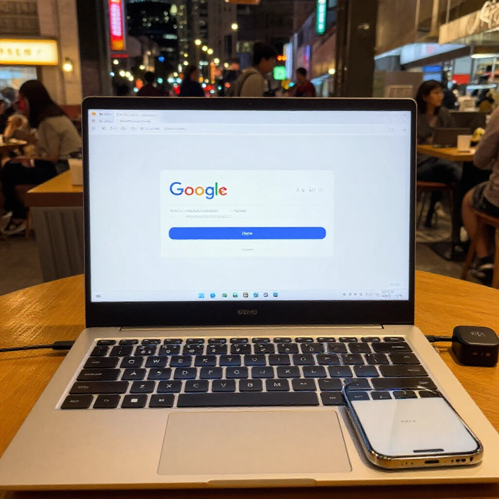 PTT forum thread on laptop screen showing discussions about Google login limits during major sports events user switching to mobile hotspot in busy cafe vibrant night city backdrop