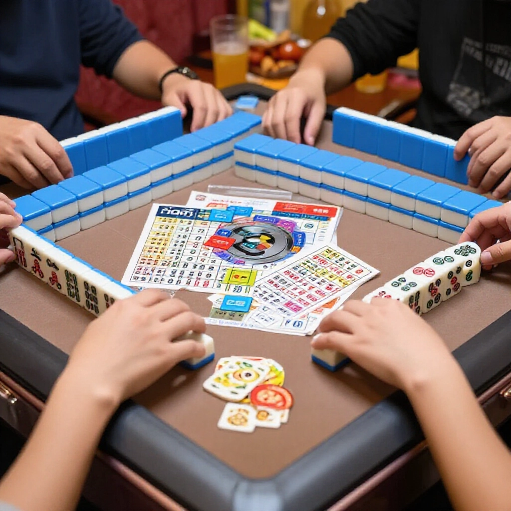 台灣麻將桌近拍，彩色牌子計分單顯示300底100台，玩家興奮比手勢周圍零食飲料