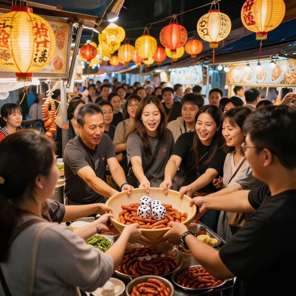台灣夜市香腸攤熱鬧搖骰,玩家搖大碗內四顆骰子,周圍人群歡呼,彩燈營造溫暖氛圍