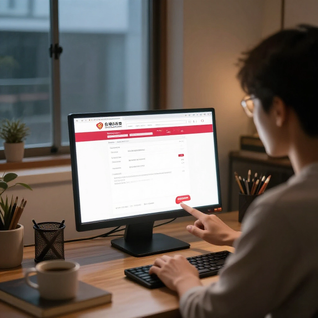 User sitting at desk in cozy home office clicking withdrawal button on Taiwan sports lottery website with bank account details on screen soft evening light filtering through window