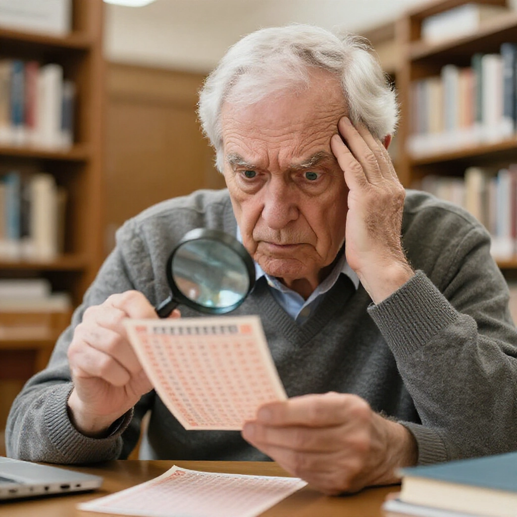 confused elder examining special number on lottery slip with magnifying glass puzzled expression bright daylight library vibe detailed textures