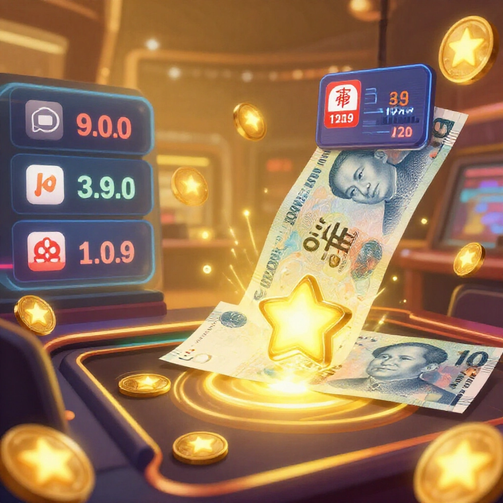台灣幣轉換成星幣的遊戲介面,顯示官方跟幣商比值,在金色燈光下的未來賭場氛圍
