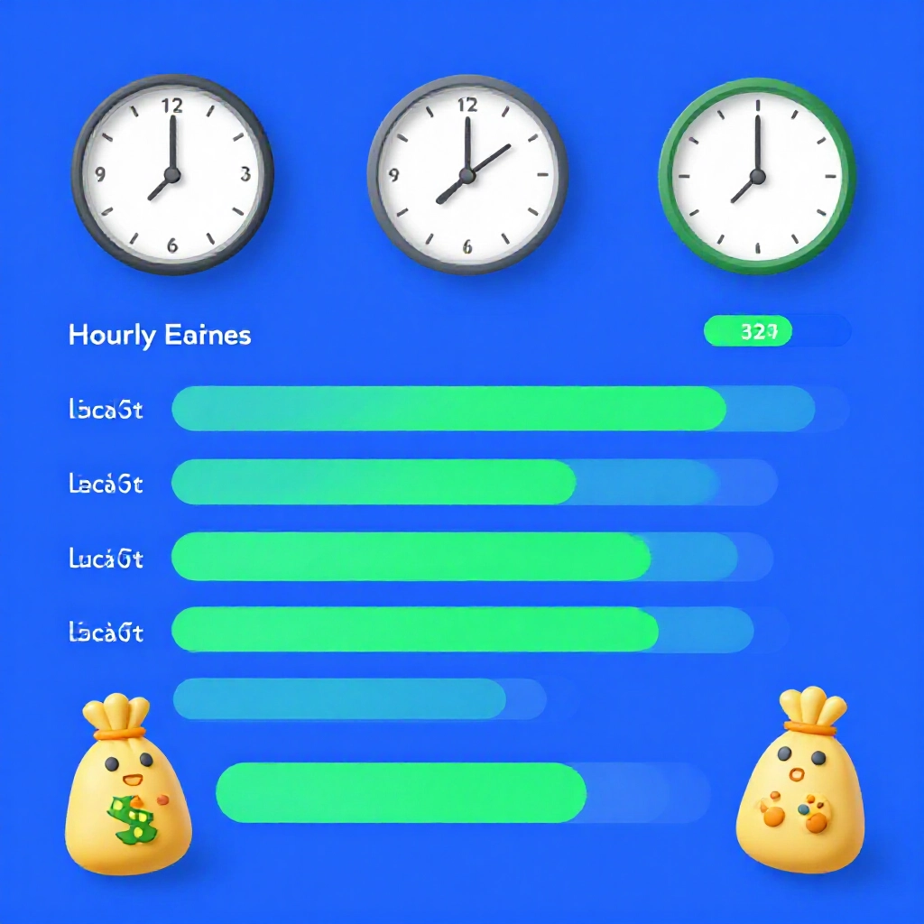 時薪圖表以時鐘、錢袋、遊戲手把與難度條呈現，藍綠色調比較各 App 效率，現代資訊圖風格