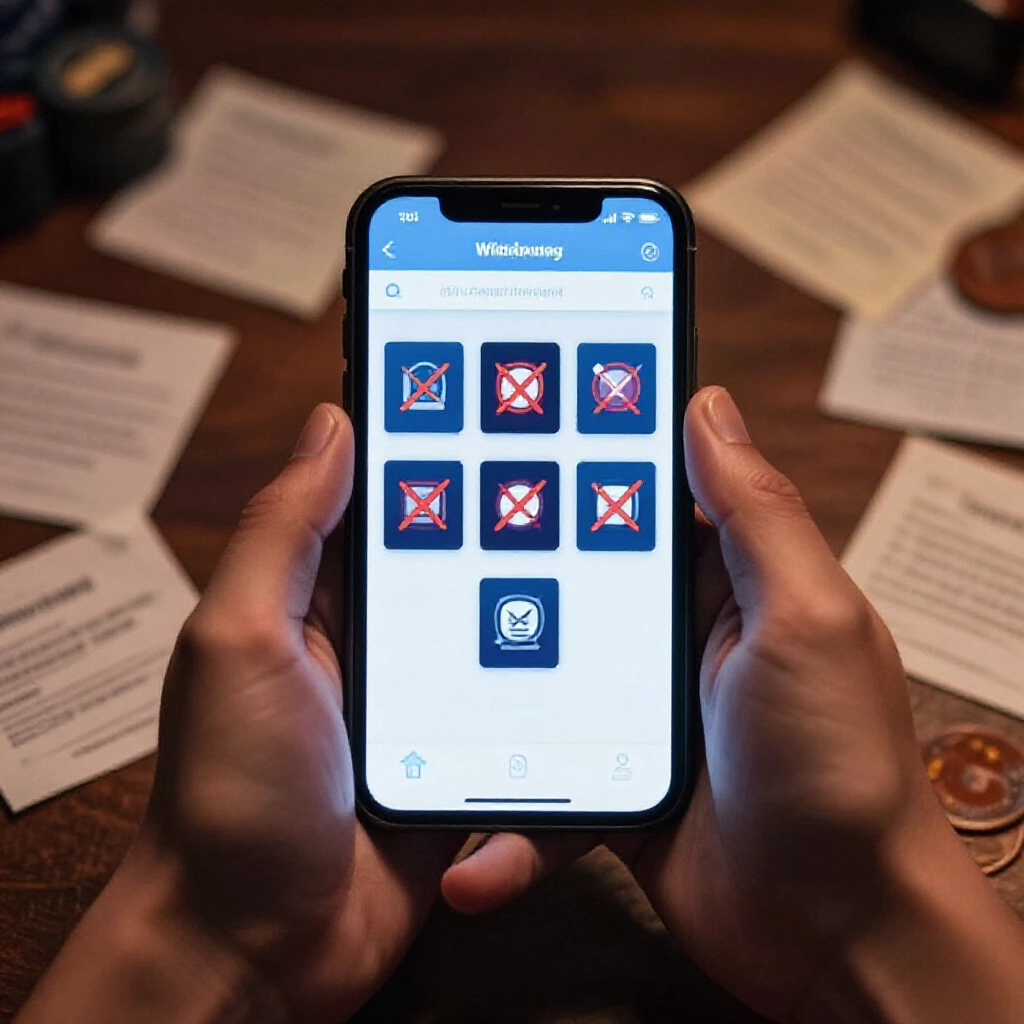 Frustrated bettor checking five error icons on smartphone representing common withdrawal failures like account mismatch and login limits surrounded by scattered betting notes dim room atmosphere