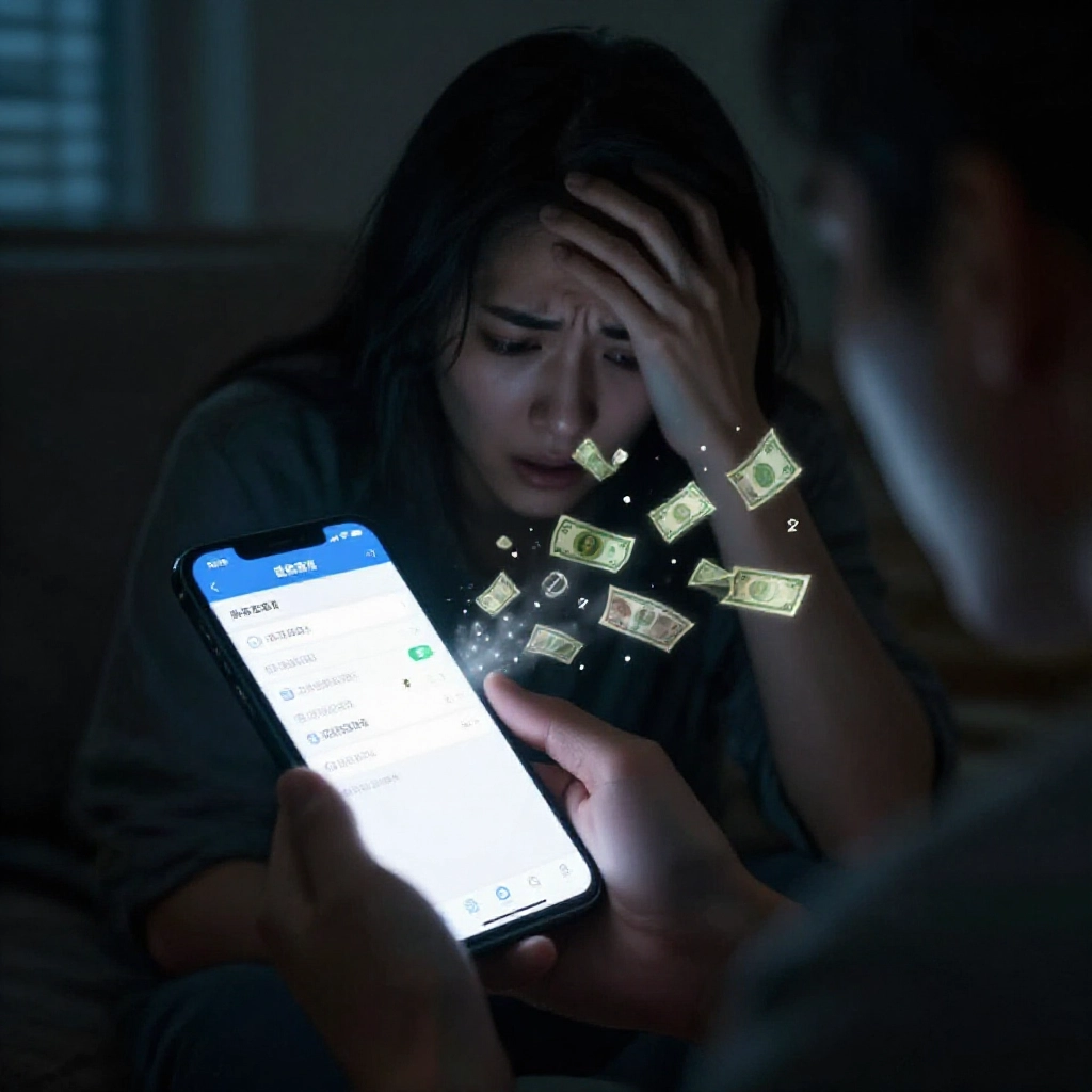 台灣民眾驚覺上當,急忙查看銀行App,畫面顯示轉帳到可疑帳戶,錢幣圖示正飛散開來