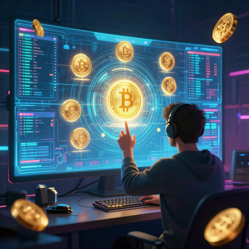 玩家沉浸數位遊戲世界，螢幕閃爍金幣點數與加密資產，周遭虛擬交易市場和區塊鏈元素環繞，霓虹燈cyberpunk氛圍超有動感