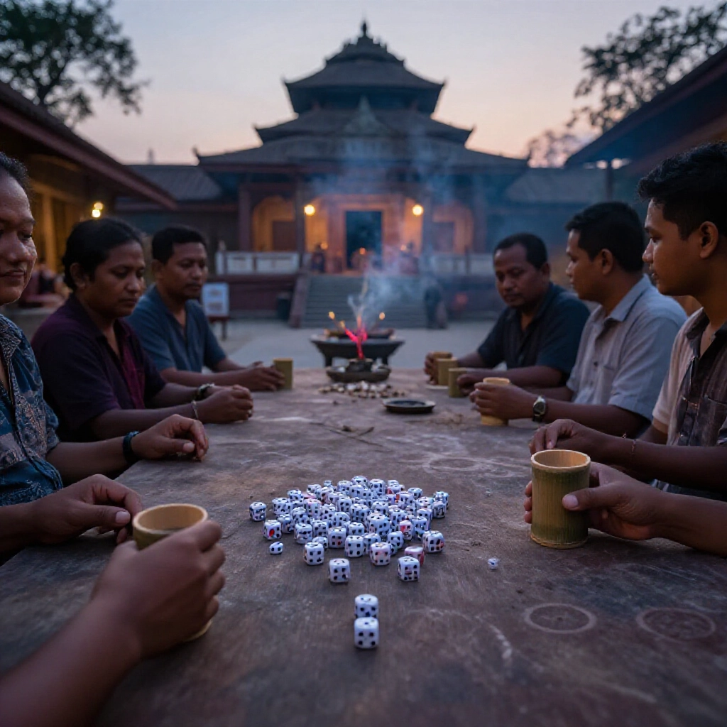 traditional single sided dice scattered on a temple courtyard table with players gathered around shaking a bamboo cup in evening twilight with incense smoke in the air