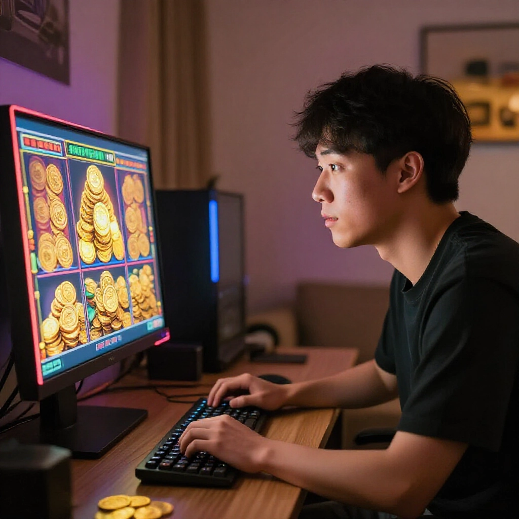 興奮的台灣玩家在舒適家辦公室,盯著充滿發光金幣的活力老虎機螢幕,溫暖霓虹燈光下帶點謹慎表情,電腦鍵盤柔和環境光