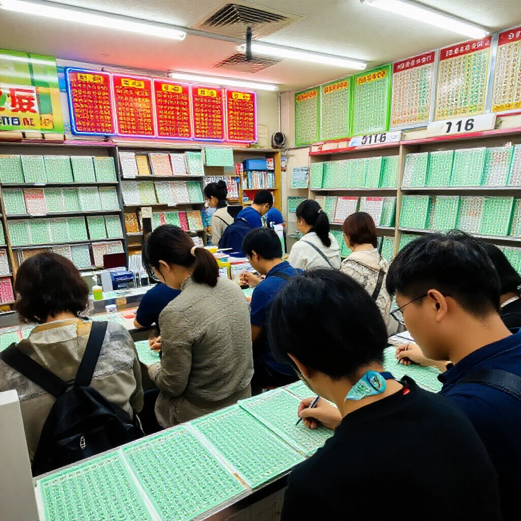 台灣彩券店內熱鬧景象，玩家在綠色投注單上標記號碼
