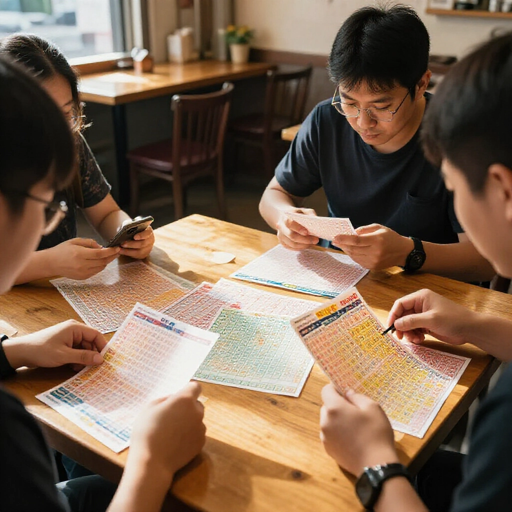 Taiwanese lottery players excitedly reviewing American Fantasy Five tickets with vibrant number grids spread across a sunlit wooden table in a cozy morning cafe warm inviting atmosphere