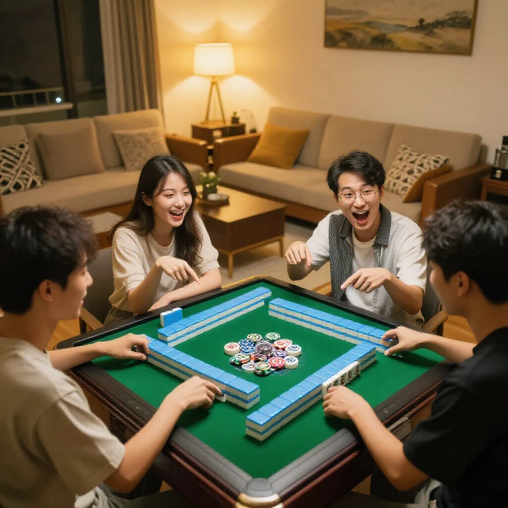 舒適台灣客廳，四位朋友圍著綠色麻將桌，彩色籌碼散落，牌堆溫暖燈光，興奮表情指著牌