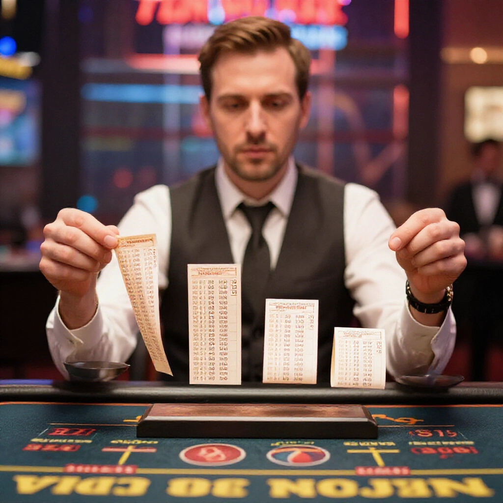 Bookmaker at desk balancing betting slips on scale shifting odds from one flat to one minus fifty even distribution of funds casino background focused expression