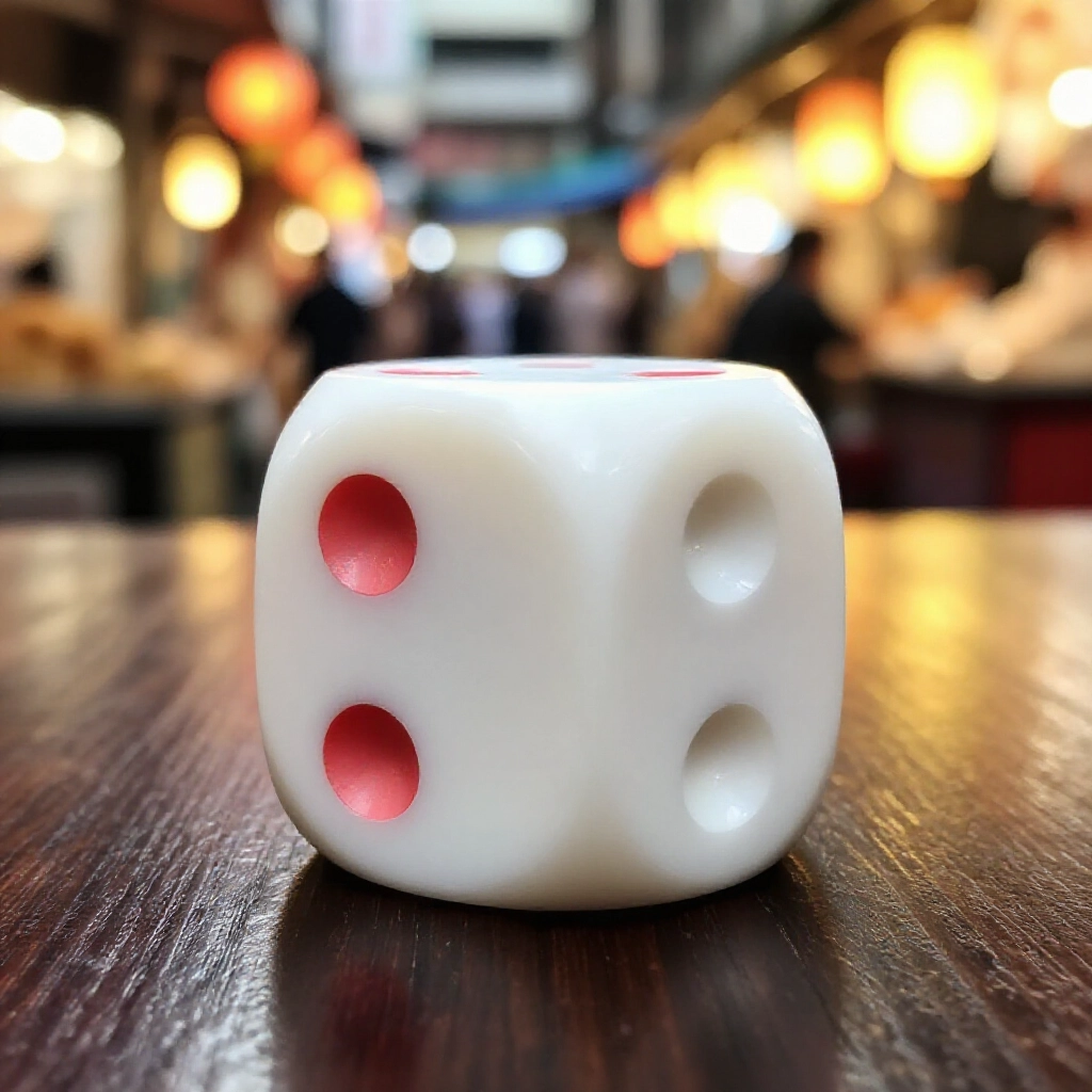 closeup of a single sided die with one red dotted face and five smooth blank faces resting on a dark wooden table in a lively taiwanese street market under warm lantern lights