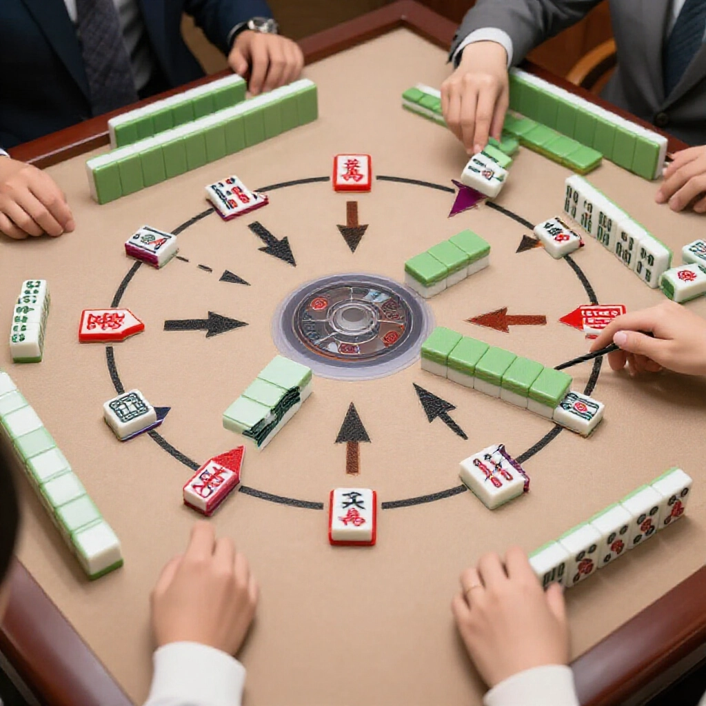 牌牆抓牌動線圖,箭頭示意順時針消耗與玩家逆時針輪流