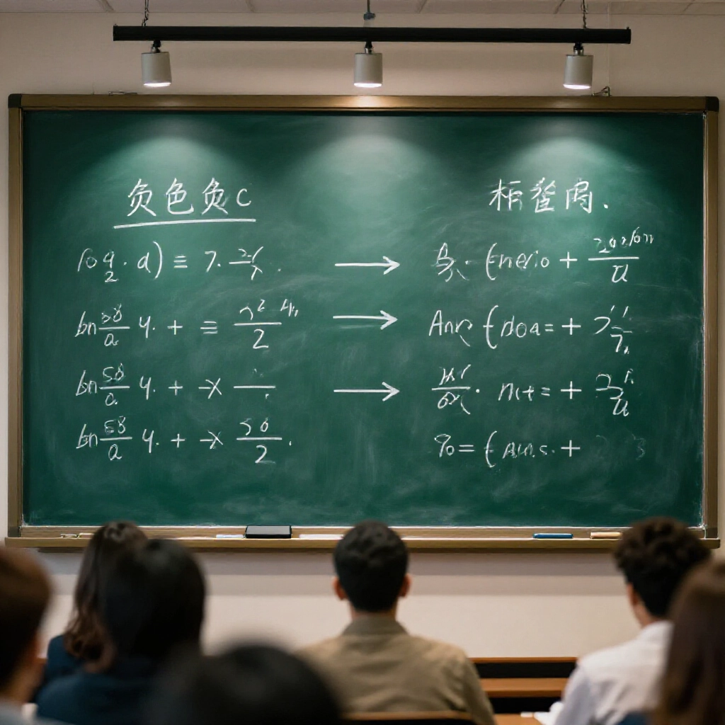 Step by step formula illustration on a chalkboard with calculations for negative and positive American odds conversion highlighted by spotlights in an educational sportsbook seminar setting