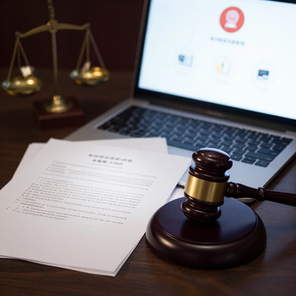 法庭氛圍下法律文件與電腦顯示台灣刑法266條網路賭博圖示,天平正義微光