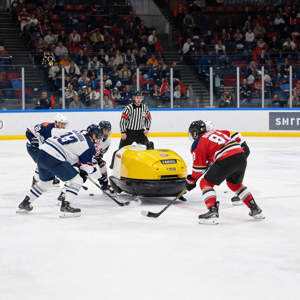 冰球快節奏場面,裁判吹哨 puck 出界,選手停下,停表啟動,Zamboni 等在旁準備整冰