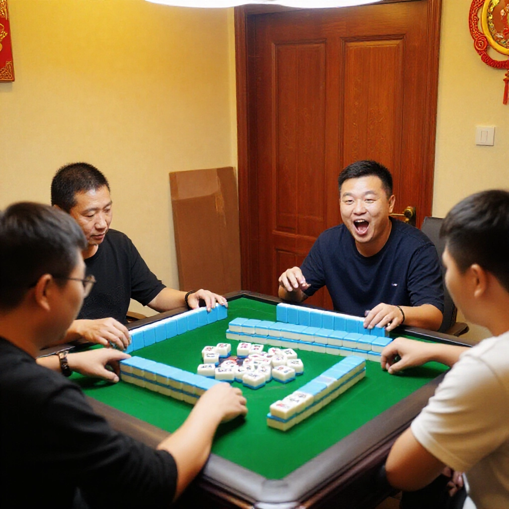 four players at a traditional Taiwanese mahjong table with green felt surface one player excitedly drawing the winning tile from the wall while keeping a clean door hand vibrant warm lighting tense atmosphere detailed tiles scattered around