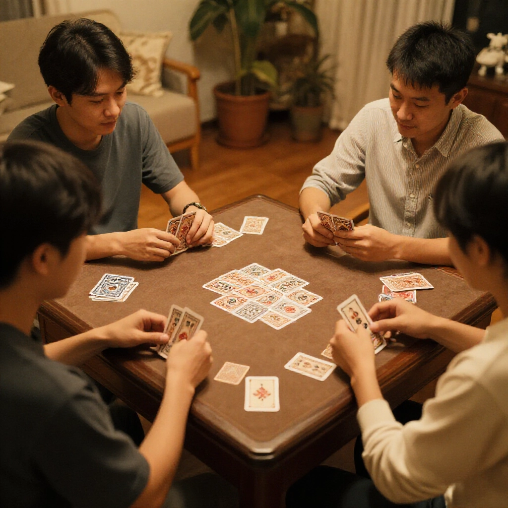 朋友們擠在小桌邊，溫暖燈光下輕手輕腳洗著圖案精緻的麻將撲克牌，公寓裡的悠閒夜晚