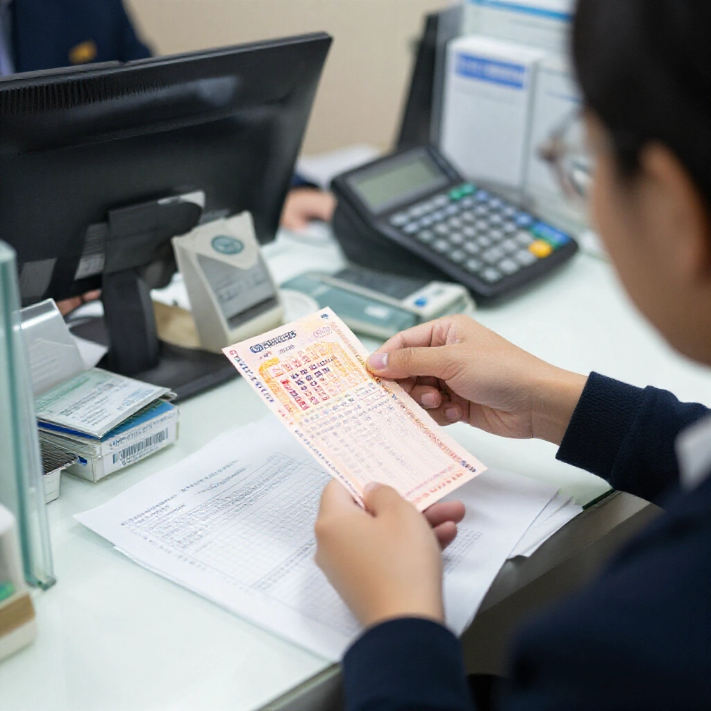 台灣銀行櫃檯,客戶兌換中獎539票,桌上稅單、計算機與印章,日光灑入