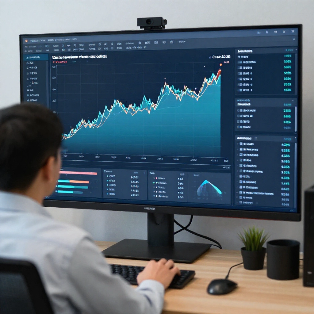 Professional data analyst studying intricate trend distribution graph on large screen highlighting omission values hot cold zones in dark themed dashboard precise organized workspace