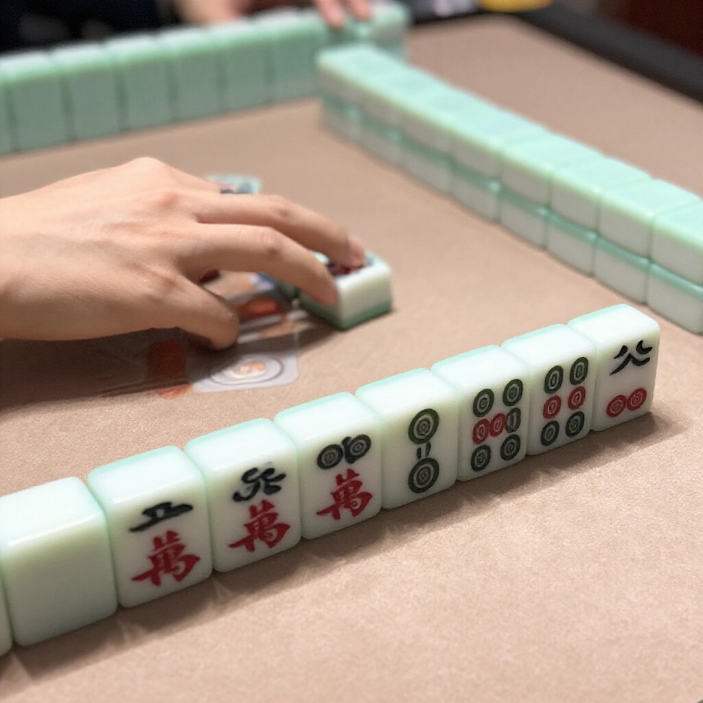 南部純平胡近拍,手牌數字順子雙頭聽牌,無字牌,日光桌影清晰