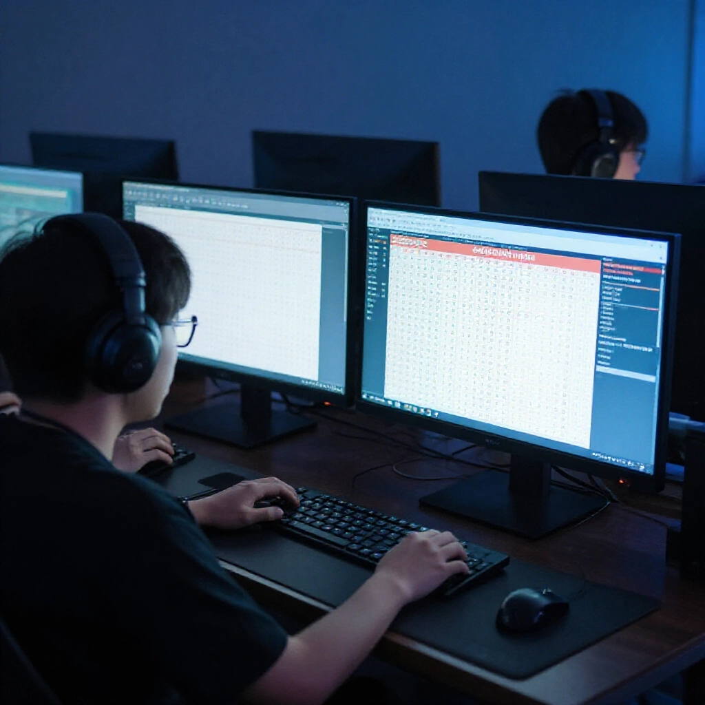 Gamers in a dimly lit room comparing Taiwan 539 lottery charts and California Daily Fantasy results on glowing dual monitors focused expressions analytical mood soft blue hues