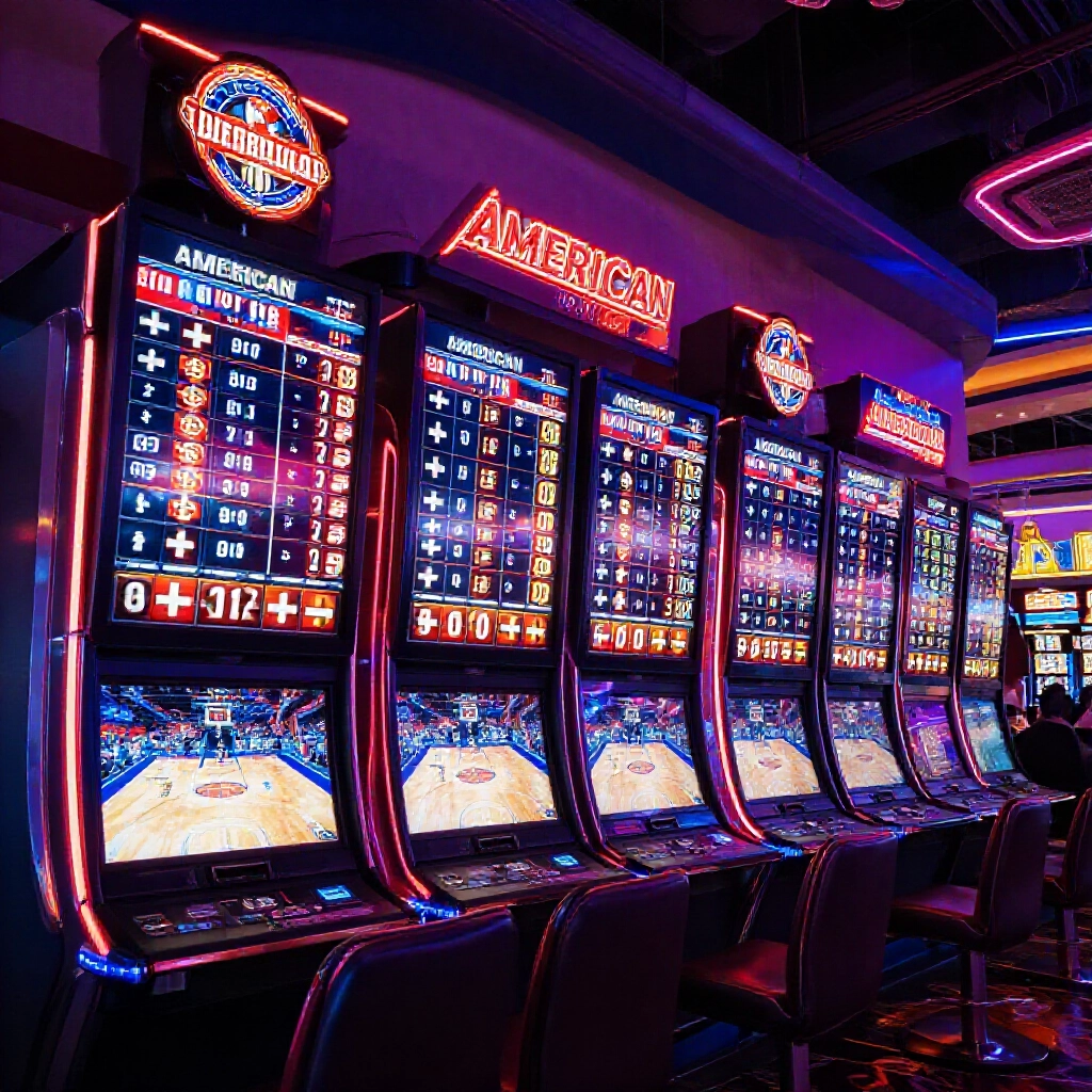 Vibrant casino interior in Las Vegas with glowing American odds boards displaying plus and minus signs next to basketball court visuals under dramatic neon lighting
