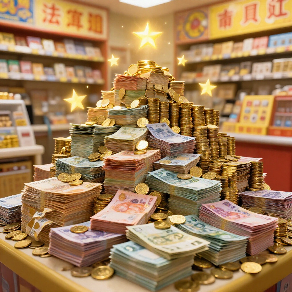台灣彩券投注站內堆疊繽紛鈔票與閃耀金幣，各堆上方飄浮光芒四射的星星，沐浴在溫暖金黃燈光中