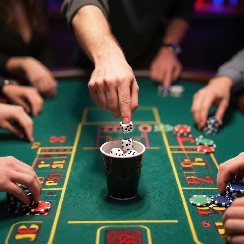 dealer shaking three single sided dice inside a covered cup on a betting table marked with number zones surrounded by excited idle players placing chips in a dimly lit social gathering