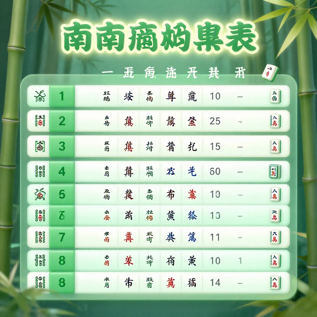 南部麻將計分表,莊家1台、碰碰胡4台、海底撈月1台,竹子背景柔光突出數字跟牌圖