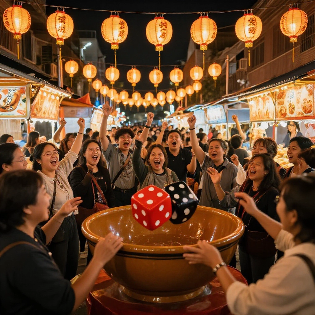 台灣廟會夜市熱鬧場面,人群圍在大碗前搖骰歡呼,燈籠閃爍充滿喜慶氣氛