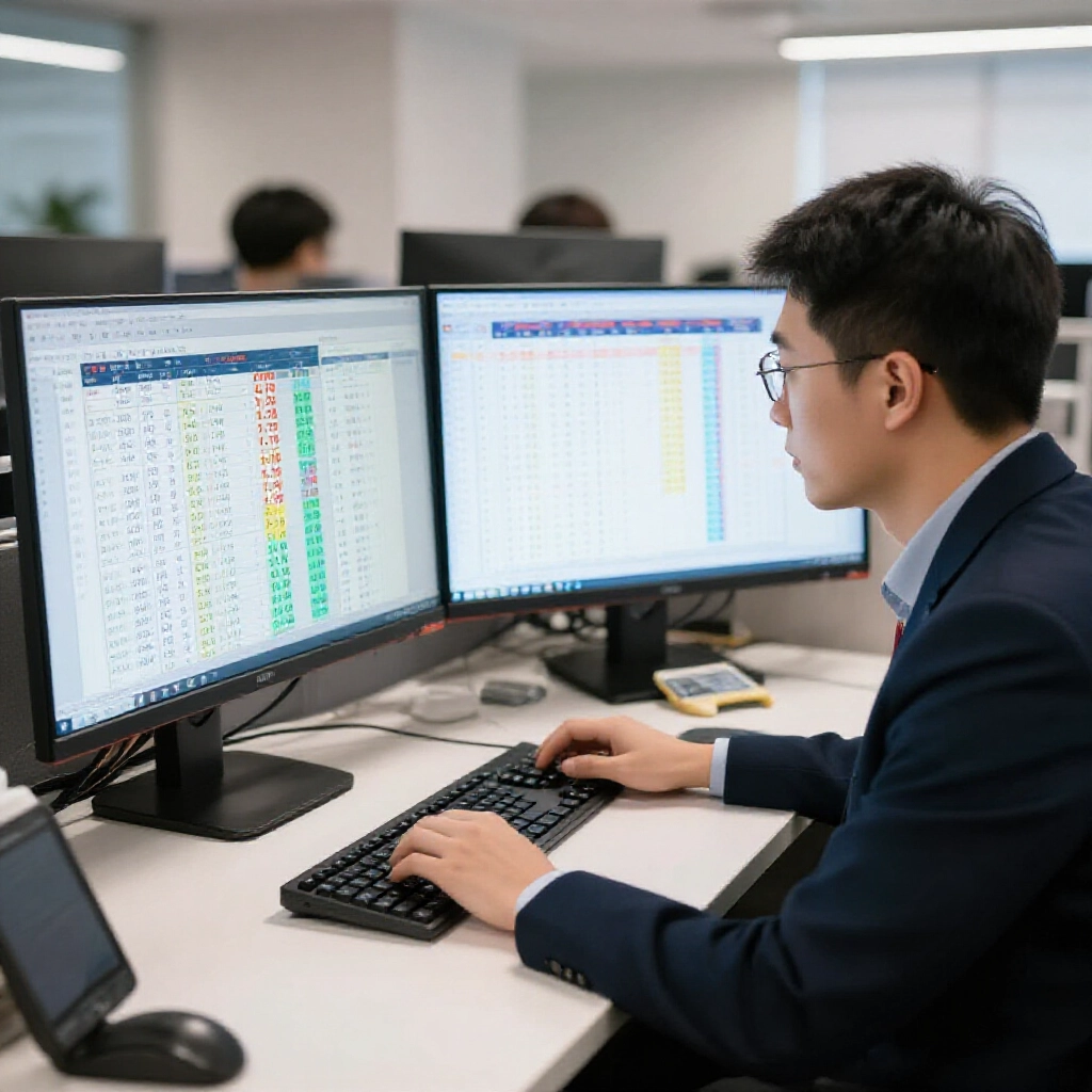 分析師在現代辦公室比對NBA季後賽賠率,台灣運彩1.75對國際1.95,雙螢幕滿是圖表專注計算勝率